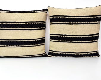 24x24 Extra Large Kilim Pillow, Minimalist Large Pillow for Bed and Sofa, Organic Cream Wool with Neutral Black Striped Bench Pillow