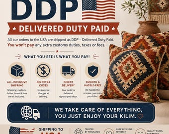 May include: Two square throw pillows featuring a geometric diamond pattern in shades of rust, navy blue, and cream. The pillows are displayed next to a decorative plant in a brown pot and text detailing shipping policies to the USA.