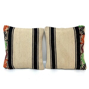 Set of Two Pillow Covers, Pair Pillow Covers, ORGANIC Undyed Sheep Wool with Black Striped Kilim Pillow Case, Mid Century Farmhouse Decor