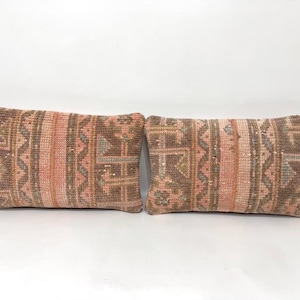 Pair Pillow Cover, Pillow for Chair, Small Pillows, Oushak Carpet Rug Pillow, Vintage Textile Lumbar Pillow, 10x16 Inches Patchwork Design
