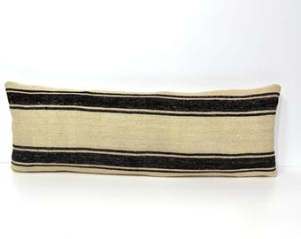 Extra Long Lumbar Pillow Cover, Bedding Pillow Cover, Antique Kilim Rug Pillow, Organic Wool with Natural Black Striped Long Pillow 14x41