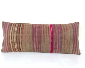 Oversize Boho Kilim Piloow Cover, Pillow for Couch, Large Pillow Cover, Tradition Design Vintage Pillow Cover, Striped Purple Green 16X40