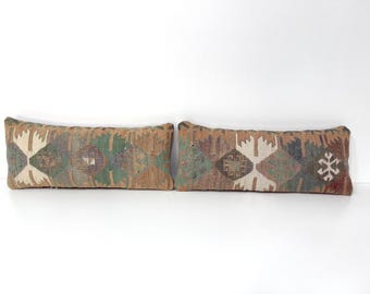 Funda de almohada Kilim lumbar de color suave y apagado, par de fundas de almohada, funda de almohada Kilim lumbar con motivos tradicionales turcos, par de almohadas en color pastel, 8" x 20" pulgadas