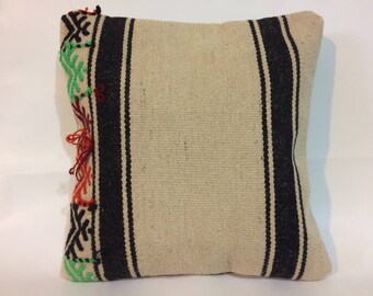 Organic cream wool with natural black goat hair kilim pillow cover french decor farmhouse natural wool pillow cover vintage pillow 16x16