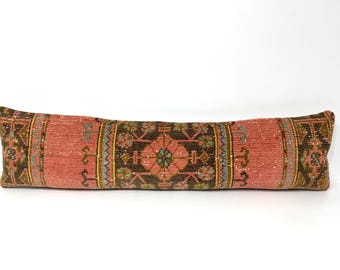 Vintage Turkish Lumbar Pillow Cover, 12x48 Terracotta Pink Long Pillow, Boho Tribal Cushion, Rustic Farmhouse Sofa Bed Decor