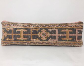10" X 33" Bedroom Pillow Bedding Long Carpet Pillow Cover, Handmade Turkish Pillow Cover, Bohemian Primitive Ethnic Lumbar Pillow