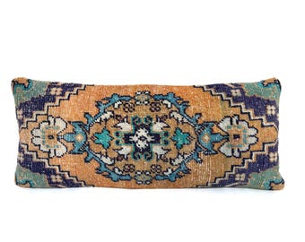 Unique Muted Orange and Turquoise Long Pillow Cover, Organic Wool With Hand Embroidery, Handmade Carpet Pillow, 14”X 33” Long Lumbar