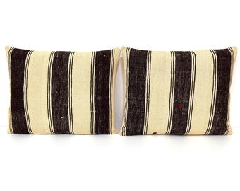 Vintage Turkish Kilim Pillow Covers 18x23 Inches, Handmade Striped Lumbar Cushions, Black Cream Wool Pillow Case Set, Rustic Boho Farmhouse