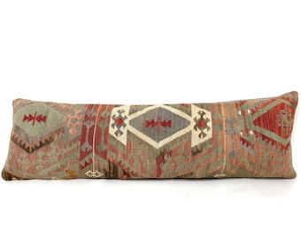 Extra Long Lumbar Pillow Case,Lumbar Pillow, Muted Color Lumbar Pillow Cover, Handmade Turkish Kilim Rug Pillow Case, 12&quot; X 40&quot; Inches