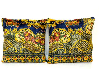 Antique Velvet Pillow, Yellow Blue Pillow, Flower Pattern, Country Decor, Bed Pillow 20" X 20" Pillow, Turkish pillows, Flower Pillow