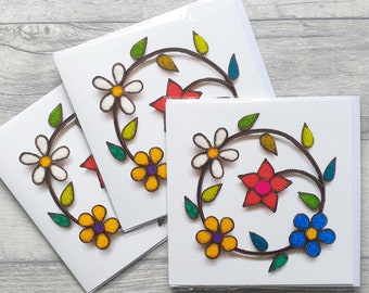 Paquete de 3 tarjetas de felicitación Círculo de flores / Tarjeta de cumpleaños / Paquete múltiple / Paquete de tarjetas / Con sobres / Interior en blanco / Cualquier ocasión