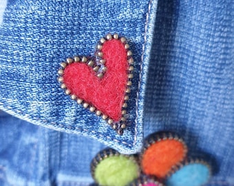 Valentine's Day Gift: Red Heart Pin Badge Hand Felted With Zip Outline