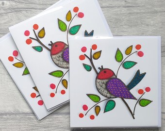 Lot de 3 cartes de voeux Oiseaux et baies | carte d'anniversaire | Emballage multiple | Lot de cartes | avec enveloppes | Blanc à l'intérieur | Toute occasion