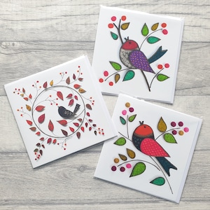 Paquet de cartes de voeux oiseaux et baies | Paquet multiple de cartes de voeux Blackbird | Lot de cartes | Blanc à l'intérieur | Noël | Action de grâces