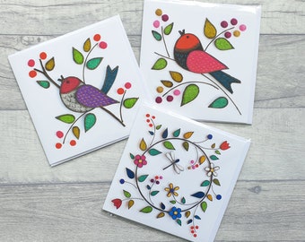 Cartes de voeux libellule et fleurs oiseaux et baies | Multipack de cartes de voeux | Lot de cartes | avec enveloppes | Blanc à l'intérieur