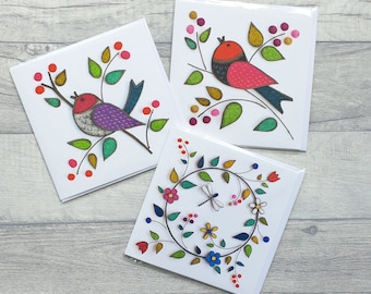 Cartes de voeux libellule et fleurs oiseaux et baies | Multipack de cartes de voeux | Lot de cartes | avec enveloppes | Blanc à l'intérieur