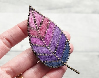 Leaf Brooch Lapel Pin | Purple Shades | Handmade Felt and Zipper Accessory | Nature Lover Gift