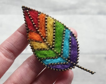 Leaf Brooch Lapel Pin | Rainbow Colours | Handmade Felt and Zipper Accessory | Nature Lover Gift