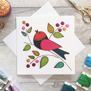 Carte de voeux d'oiseau chanteur et de baies avec enveloppe | Blanc à l'intérieur | Toute carte d'occasion | Anniversaire | Fête des mères | Pâques | Carte de Noël