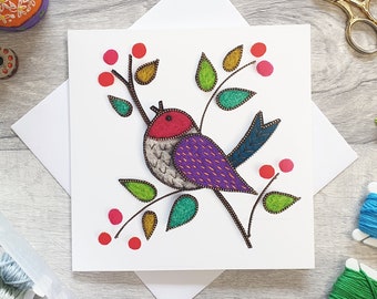 Bird & berries greetings card with envelope | Blank inside | Needle felted card | Any occasion card | Birthday | Mother's day | Easter