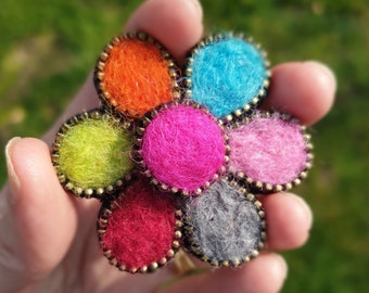 Flower Brooch Pin | Multicolour Rainbow Wool Needle Felt and Zipper brooch Jacket Accessories