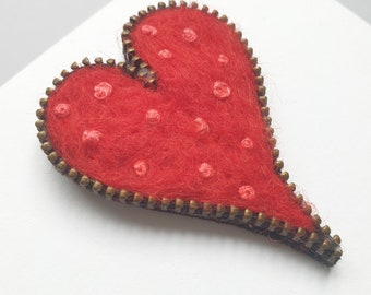 Red Heart Brooch | Wool Felt and Hand Embroidery Zipper Heart Brooch | Love You Valentine Gift | Fashion Accessory