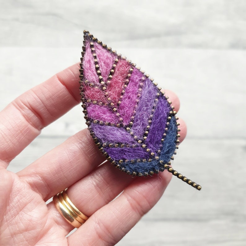 Leaf Brooch Lapel Pin Purple Shades Handmade Felt and Zipper Accessory Nature Lover Gift image 1