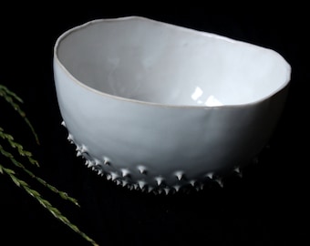 white ceramic spiked bowl, spiked bowl, cereal bowl, pottery