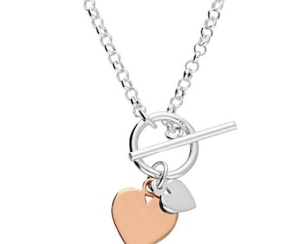 Two Tone with Two Mini Hearts and T-bar in Sterling Silver Necklace