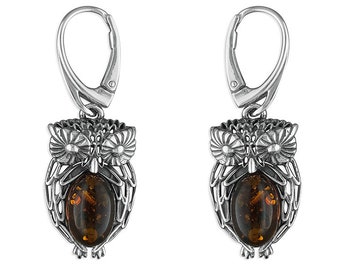 Cognac Amber Owl Drop Sterling Silver Earrings