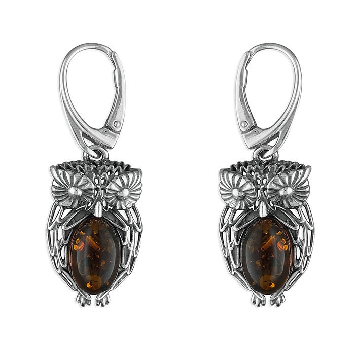 Cognac Amber Owl Drop Sterling Silver Earrings