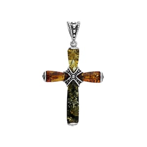 Cognac Amber Strapped Sterling Silver Cross