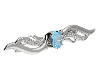 Oval Blue Topaz with Silver Wings Sterling Silver Brooch