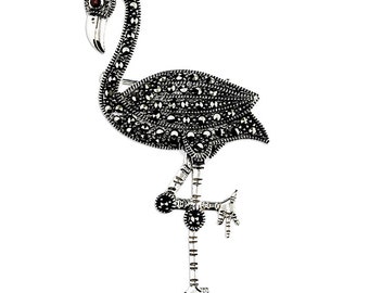 Marcasite Flamingo with Beautiful Garnet Eye Sterling Silver Brooch