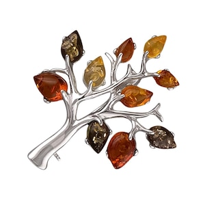 Mixed Amber Tree of Life Sterling Silver Brooch