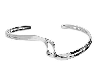 Double Row Tapered Ribbon Cuff Sterling Silver Bangle