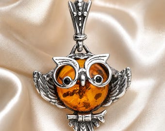 Sterling Silver Cognac Amber Owl Pendant