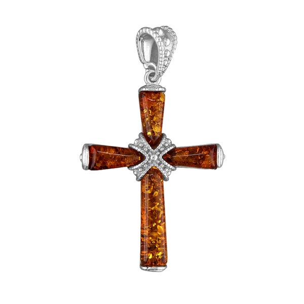 Cognac Amber Strapped Sterling Silver Cross