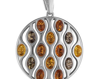 Mixed Amber Disc Sterling Silver Pendant