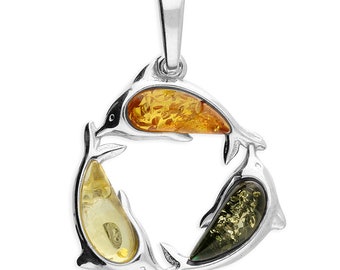 Mixed Amber Trio of Dolphins in a Circle with Sterling Silver