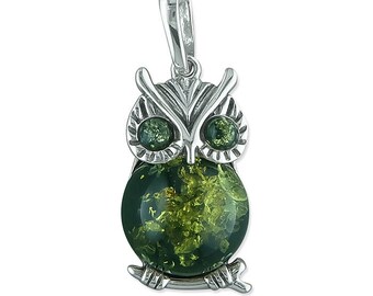 Green Amber Owl with Sterling Silver Pendant