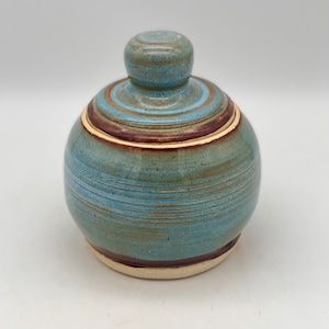 Norse Blue and Shino Wheel thrown Stoneware Lidded Jar with Hollow Knob