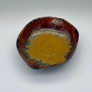 Altered Wheel Thrown Stoneware Serving Bowl with Flowing Glazes