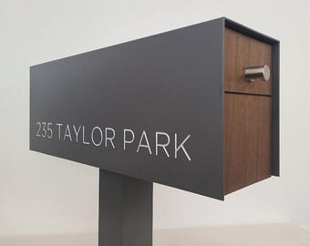 Modern Mailbox, Modern and contemporary design, Powder coated Aluminum with Real IPE Wood, Engraved Address numbers & St. Post Included