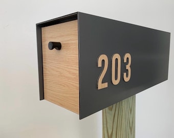 Mailbox, Modern and Contemporary Post Mounted Woodgrain Aluminum Composite  (Custom Personalized Address Number)