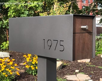 Mailbox with THROUGH CUT Address Numbers: Custom Modern and Contemporary Post Mounted Aluminum and Ipe Mailbox  - Includes Post