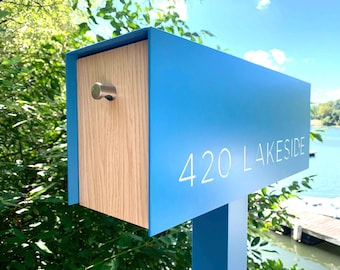 Post Mounted Mailbox| Sky Blue Body Curb Appeal Engraved Address Numbers Includes Post Powder coated aluminum, Modern Mailbox Design