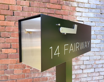 Modern Metallic Mailbox, Polished Aluminum Door, Post mounted, Engraved address numbers with flag, Includes Post