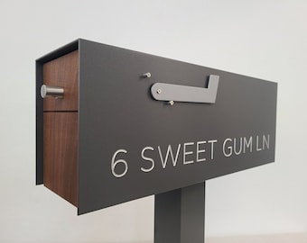 Modern Mailbox, Contemporary and Industrial Design, Powder Coated Aluminum, IPE Wood Door, Engraved Address Numbers with Flag, Post Included