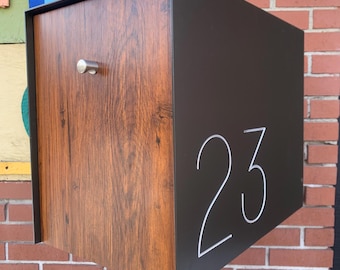 Modern Large Post Mounted Mailbox, Powder Coated Aluminum, Wood Grain Aluminum Door.